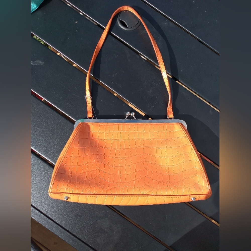 Bianca Nygard Brown-Orange Handbag, Faux Snakeskin Pattern, Kiss Lock Cl… - Picture 10 of 10